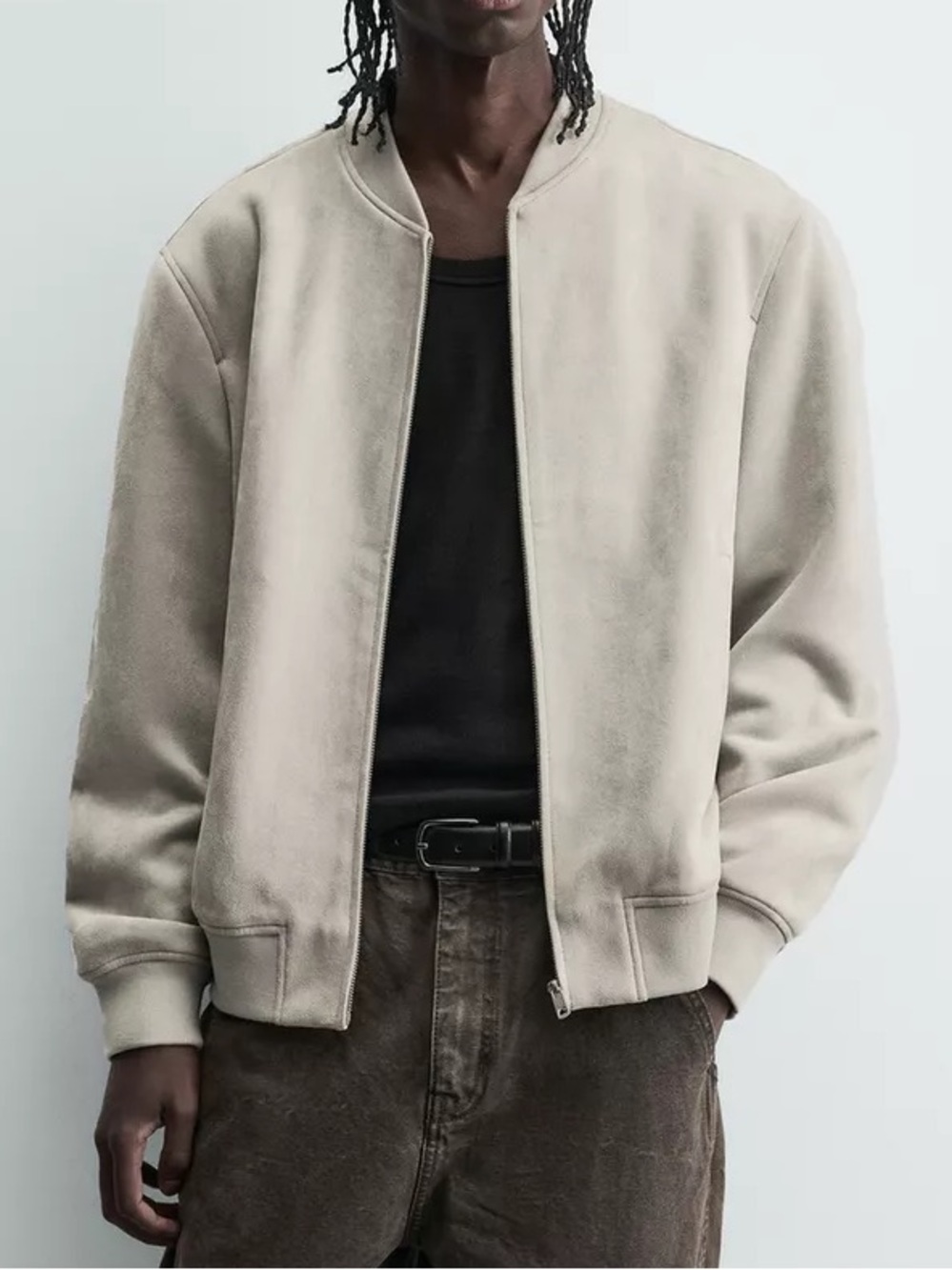 ZARA Man Faux Suede Bomber Jacket S Beige Stone Tan Minimalist Aesthetic Coat - Picture 10 of 16